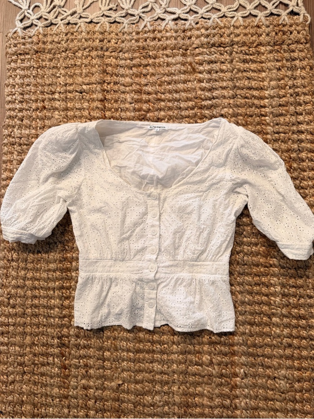 Reformation White Eyelet Puff-Sleeve Button-Up Top